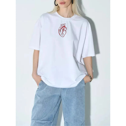 Minimalist Anatomical Heart Print Loose Round Neck T-Shirt