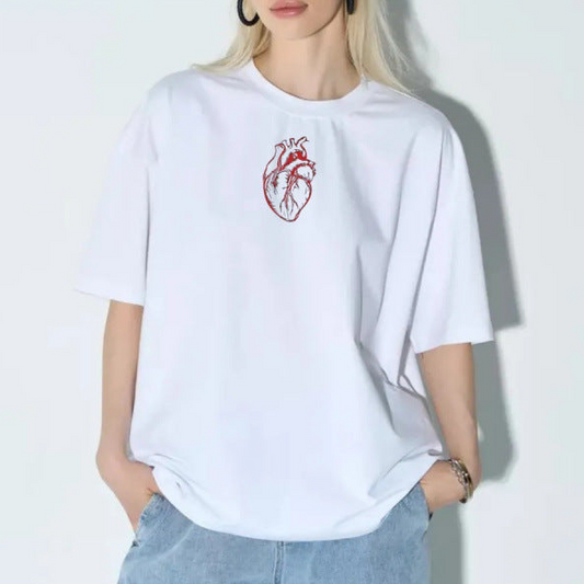 Minimalist Anatomical Heart Print Loose Round Neck T-Shirt