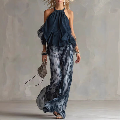 Chic Summer 2-Piece Outfit - Ruffle Halter Blouse with Tie-Dye Palazzo Pants