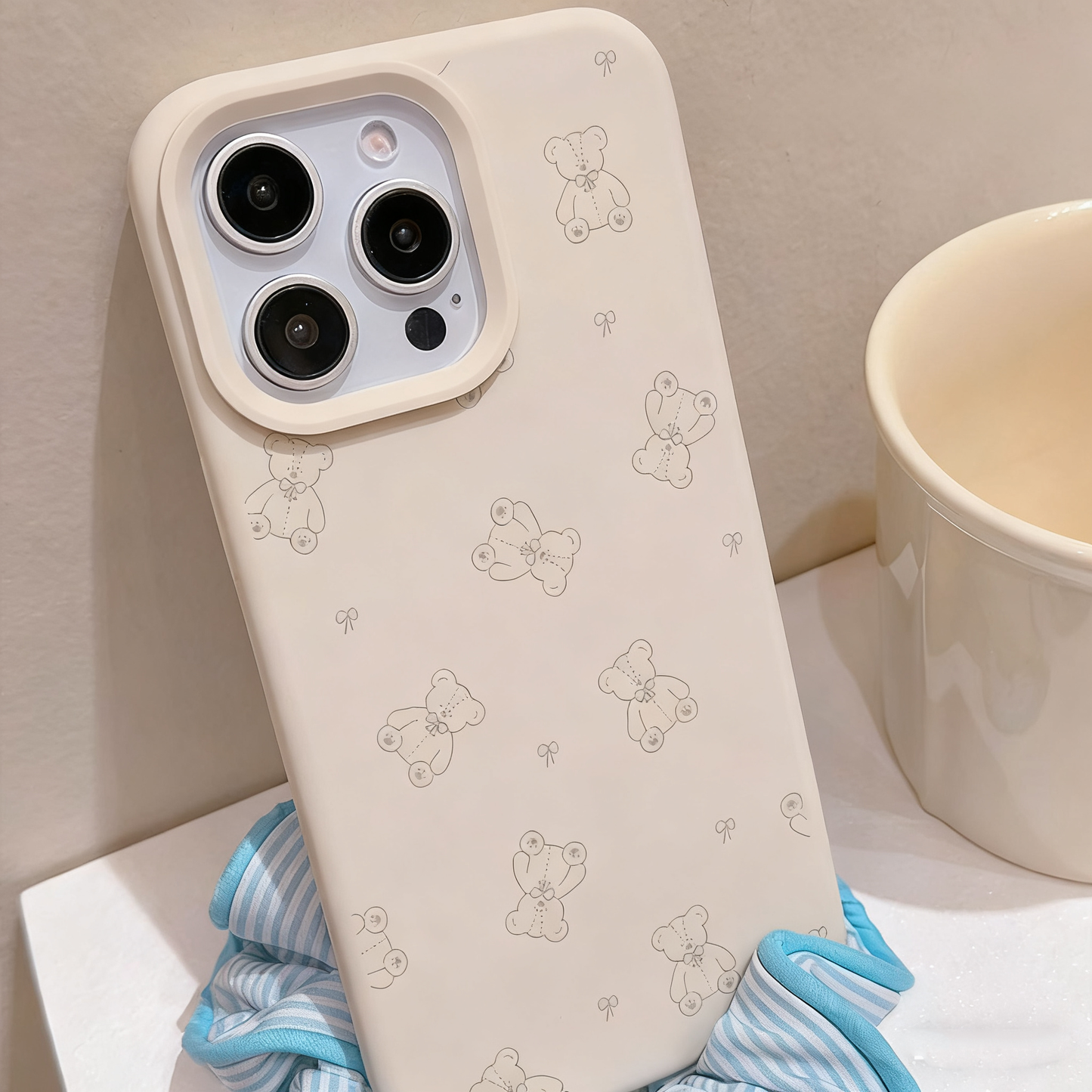 Cute Teddy Bear Pattern Liquid Silicone Phone Case for iPhone 16 15 14 Pro Max - Soft Lens Protection Cover