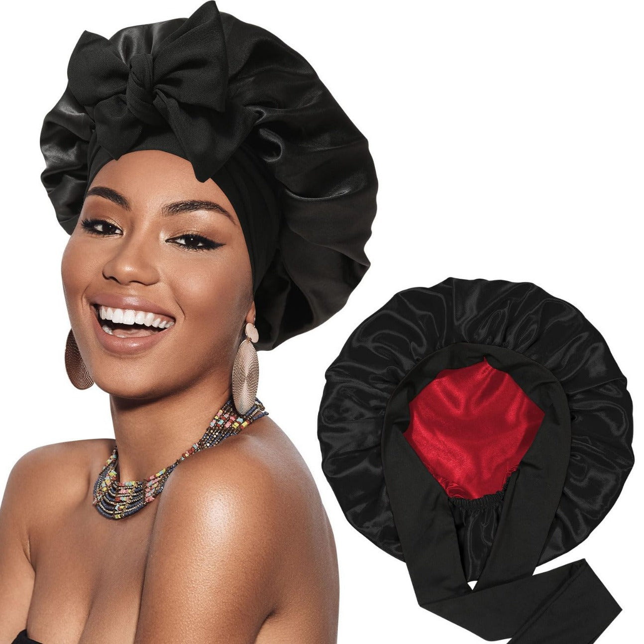 Silky Satin Hair Bonnets with Ribbon Tie | Long Hair Care Sleep Night Cap