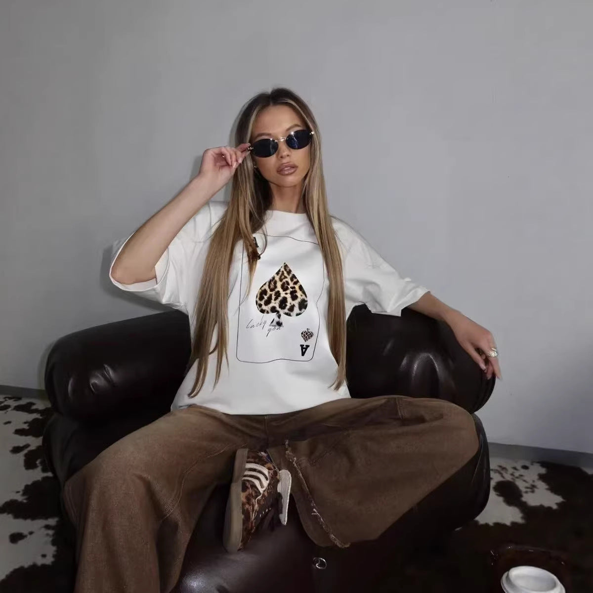 Trendy Loose Round Neck Card Graphic Tee for Women