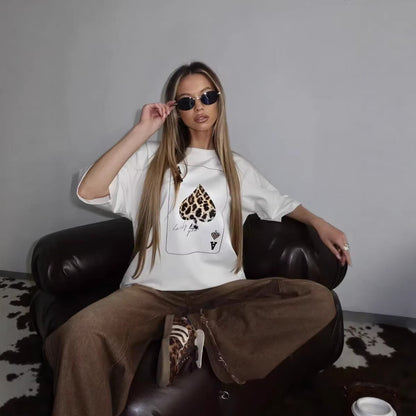Trendy Loose Round Neck Card Graphic Tee for Women