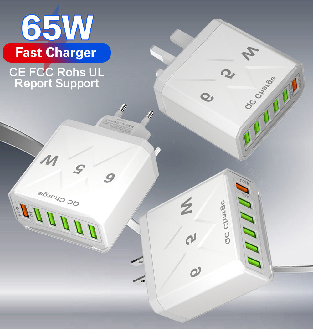 65W 6-Port Fast Wall Charger - Multi-Port USB Travel Charging Head Adapter