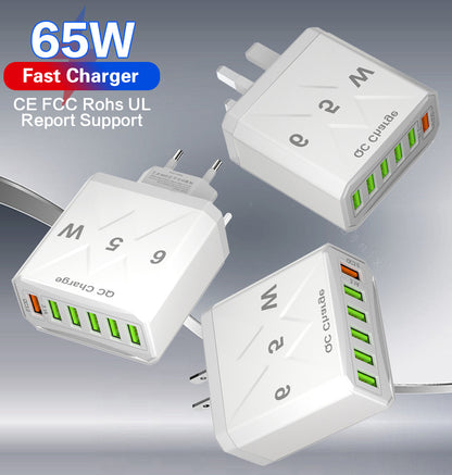 65W 6-Port Fast Wall Charger - Multi-Port USB Travel Charging Head Adapter
