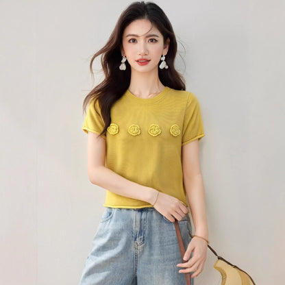 Women's Unique 3D Floral Knit Blouse - Chic Short Sleeve Yellow Top
