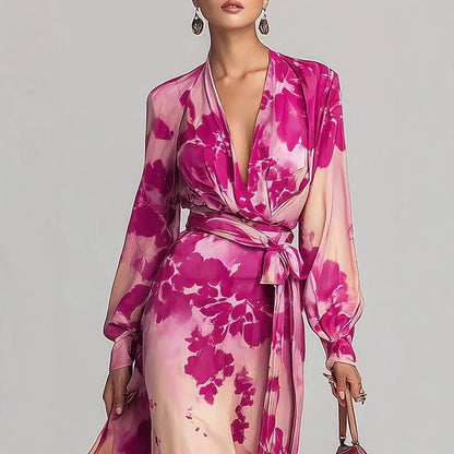 Women's Printed Chiffon V-Neck Maxi Dress - Elegant Long Sleeve Tie-Up Gown