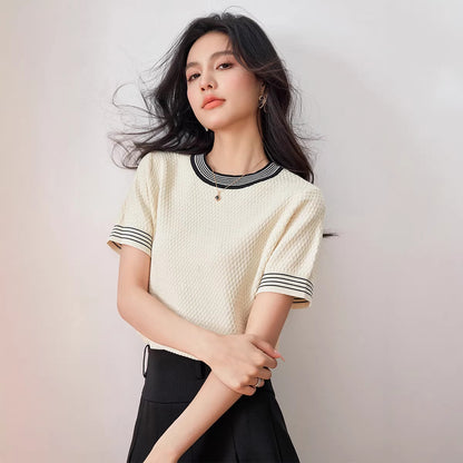 Academic Style Crew Neck Knit Top - Short Sleeve Women's Spring Shirt