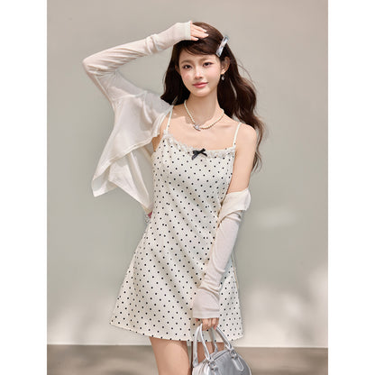Sweet Elegant Short Dress - Two-Piece Polka Dot Dress and Shrug Set
