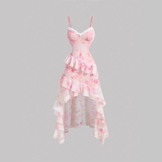 Elegant Floral Mesh Camisole Dress - High-Low Ruffle Asymmetrical Skirt