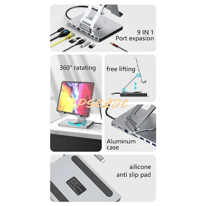 9-in-1 Type-C Docking Station - 4K/60Hz USB 3.0 Hub with Gigabit Ethernet & 360° Rotary iPad Holder Stand