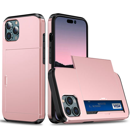 Sliding Card Holder Case for iPhone 14 13 12 Pro - Hidden Wallet Slot Anti-Drop Armor Cover