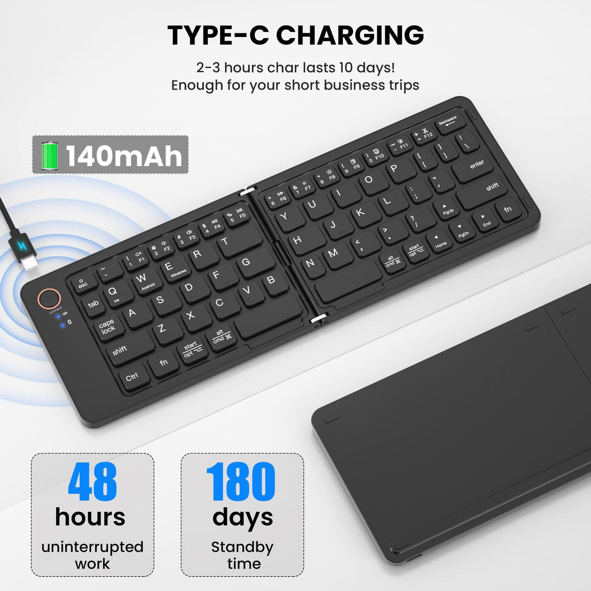Ultra-Slim Folding Portable Bluetooth Keyboard - Dual-Mode Rechargeable Wireless Keyboard with One-Click Connection