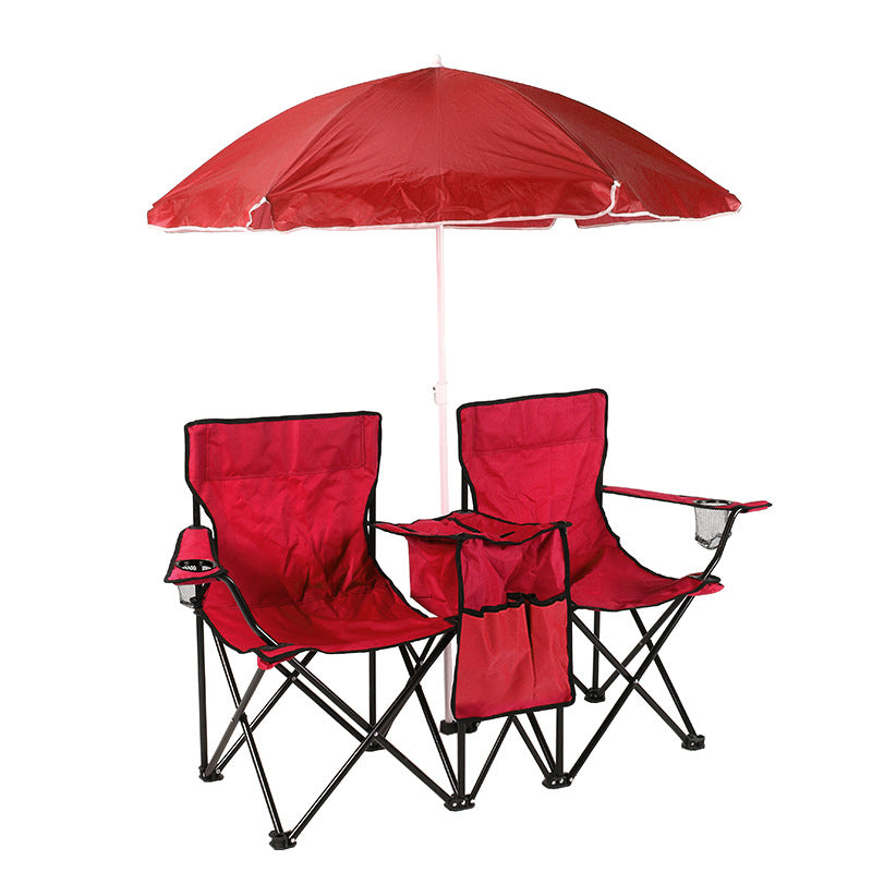 Double Camping Loveseat Chair with Umbrella - Folding Outdoor Beach Chair Set with Cooler & Side Table