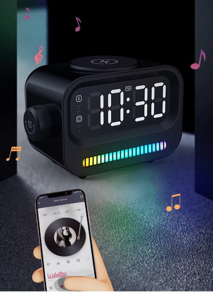 Multifunctional Digital Alarm Clock with Wireless Charger - Bluetooth Speaker & Voice-Controlled Night Light