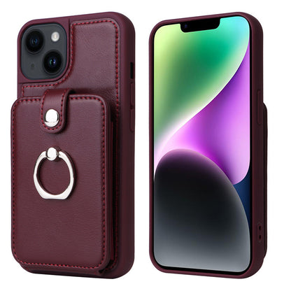 Multi Card Slot Leather Wallet Case with Metal Ring Stand - Shockproof Back Cover for iPhone