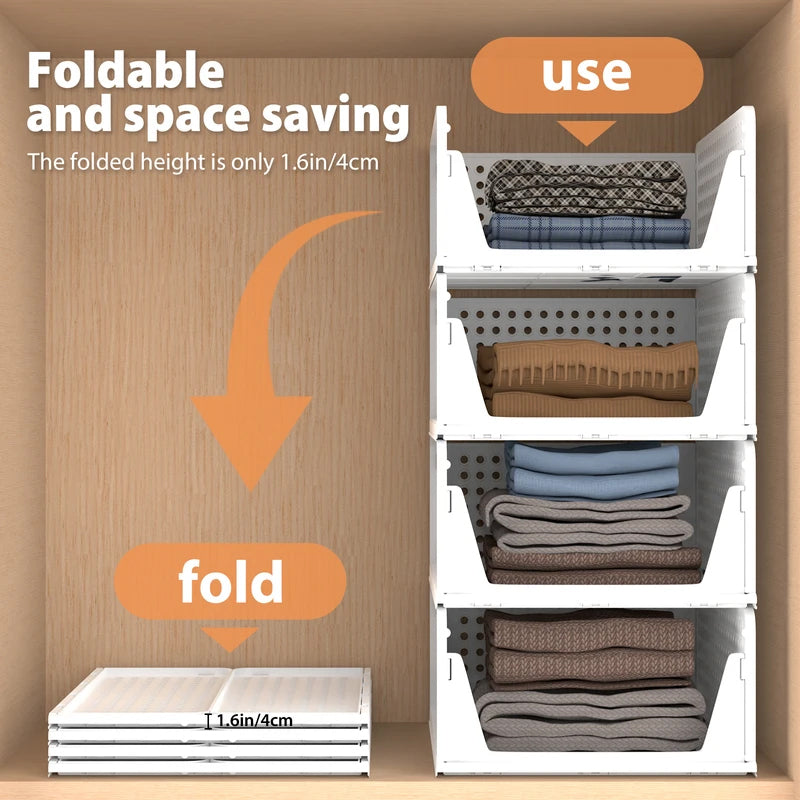 4 Pack Stackable & Foldable Closet Storage Bins - Plastic Drawer Organizers with Sliding Rails