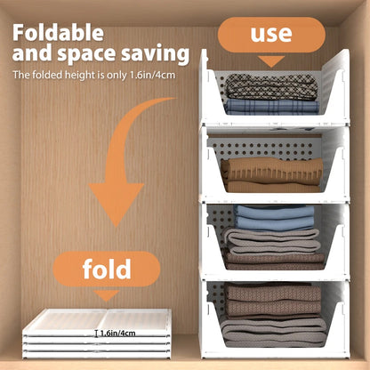4 Pack Stackable & Foldable Closet Storage Bins - Plastic Drawer Organizers with Sliding Rails