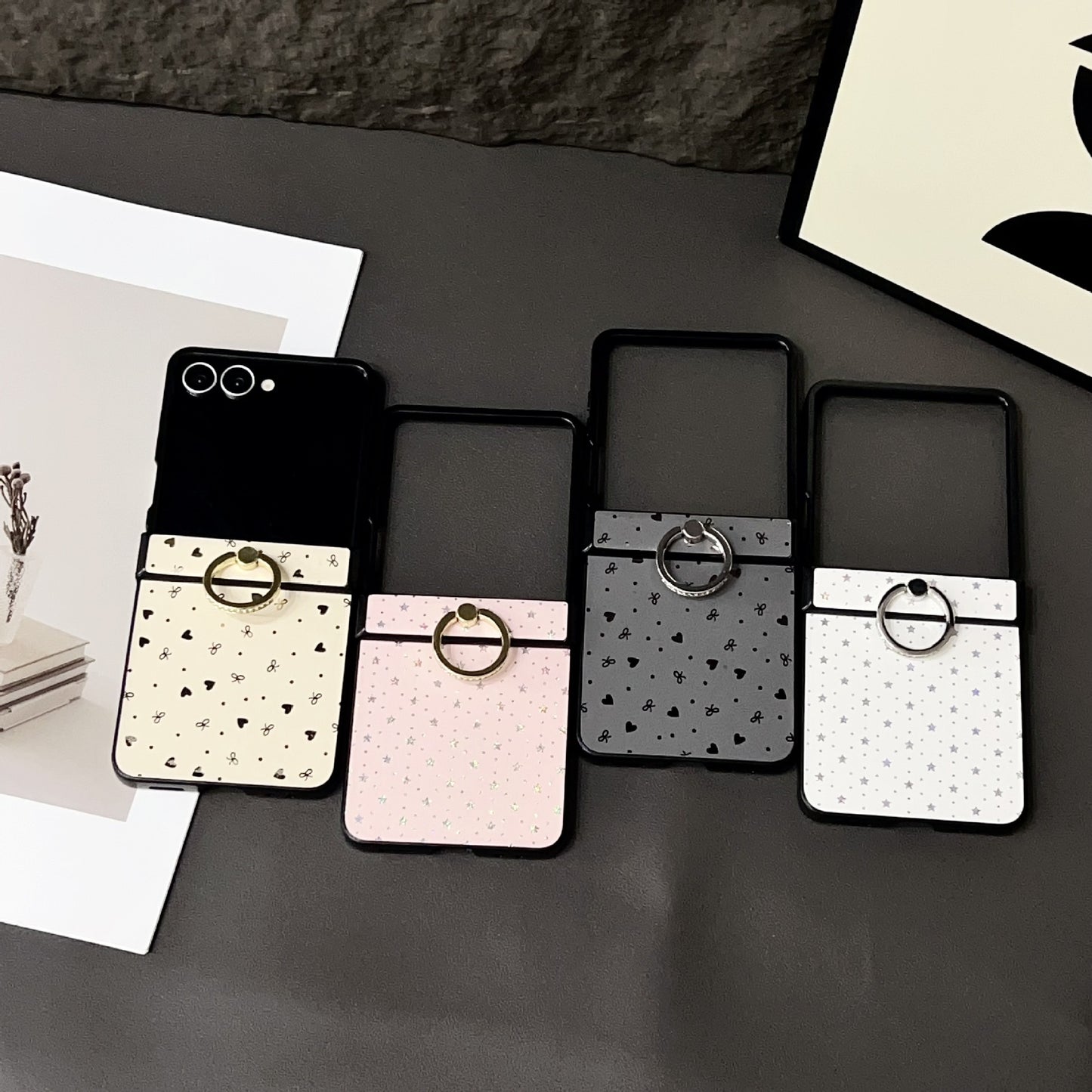 Glitter Star Pattern Leather Case with Metal Ring Holder for Samsung Galaxy Z Flip 6 5 4 - Slim Shockproof Cover