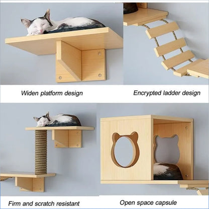 Wall Mounted Cat Climbing Shelf Set - Wooden Cat Condo, Bridges, Platforms & Scratching Post