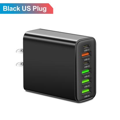6-in-1 Multi-Port Travel Wall Charger - 2 Type-C PD & 4 USB Fast Charging Adapter