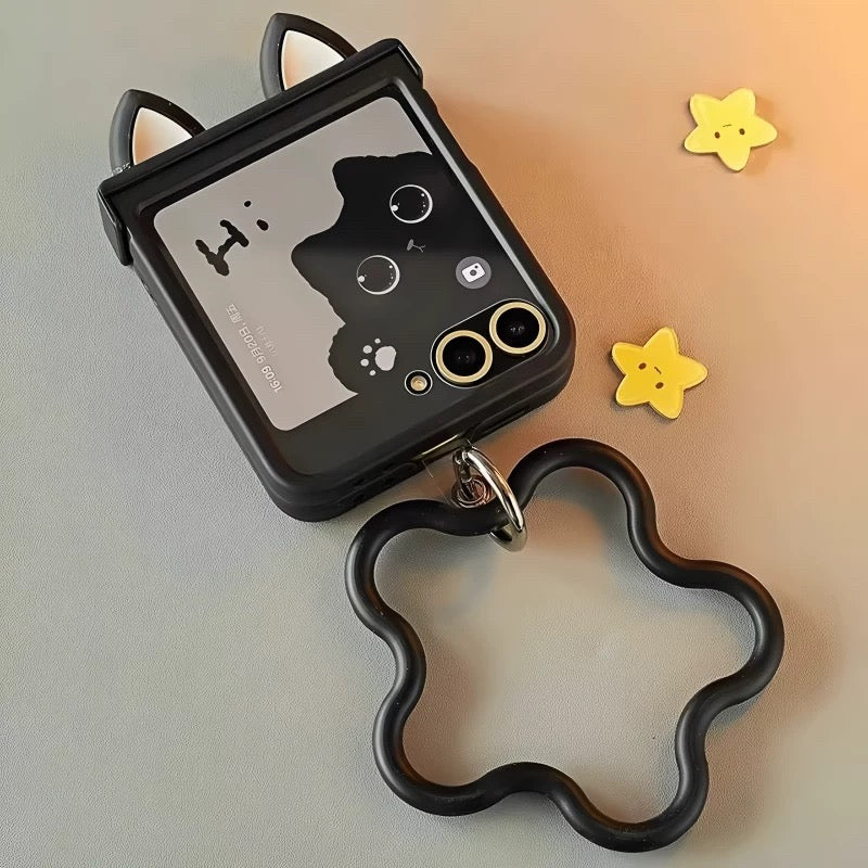 Cute 3D Cat Ears Folding Screen Case for Motorola Razr 50 40 Ultra / Xiaomi Mix Flip - Soft Protective Cover