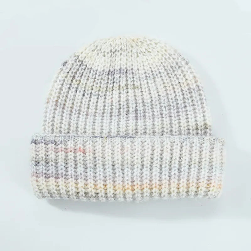 Unisex Thermal Contrast Color Knit Beanie Hat | Soft Warm Ribbed Winter Skull Cap