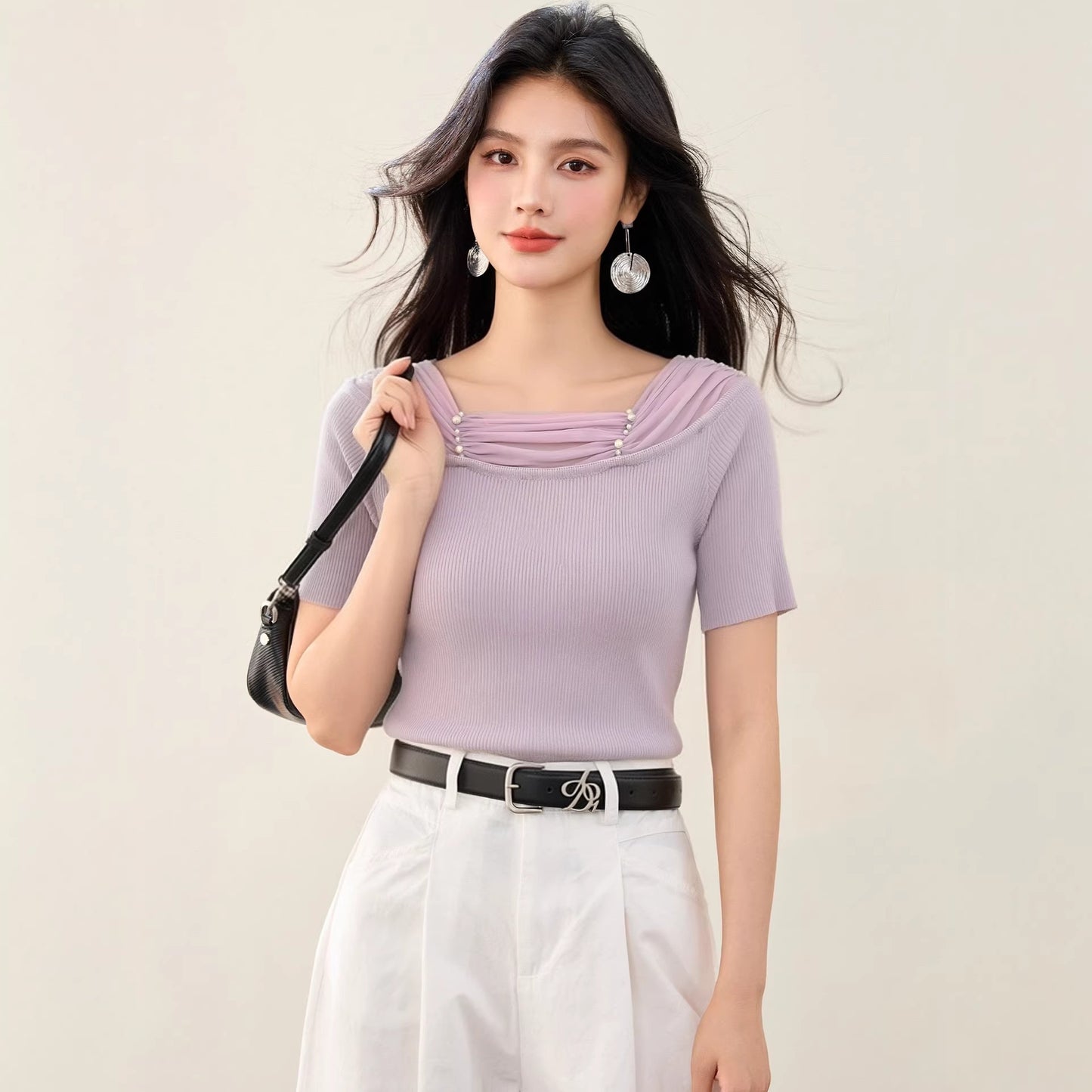Women's Lace Spliced Off-Shoulder Knit Top - Slim Fit Short Sleeve Blouse