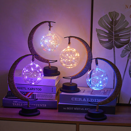 LED Star in Moon Night Light with Hemp Rope and Iron Art Base