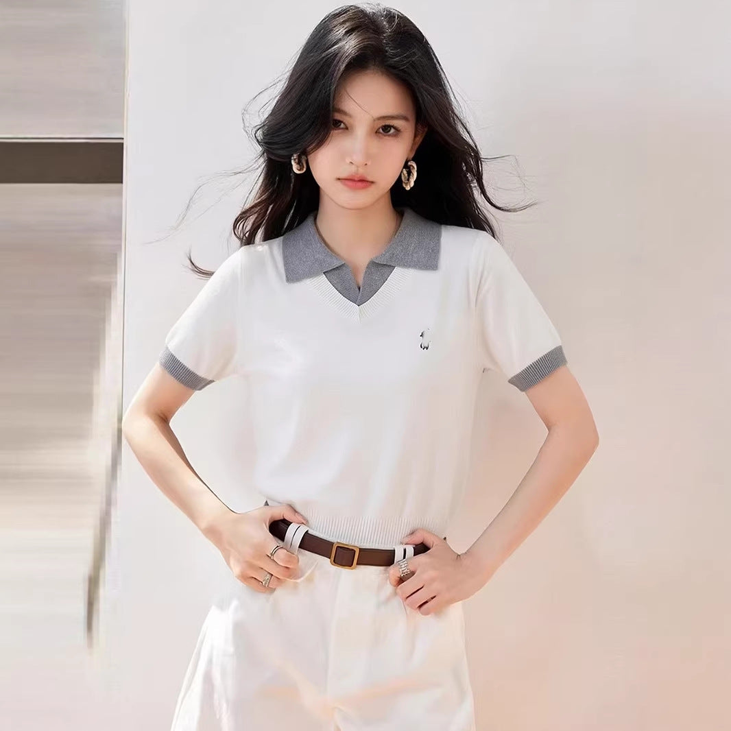 White Polo Neck False Two-Piece Short Sleeve Knit Top for Women