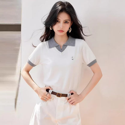 White Polo Neck False Two-Piece Short Sleeve Knit Top for Women