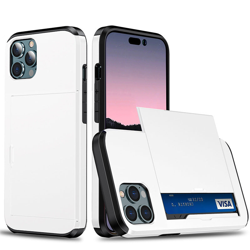 Sliding Card Holder Case for iPhone 14 13 12 Pro - Hidden Wallet Slot Anti-Drop Armor Cover