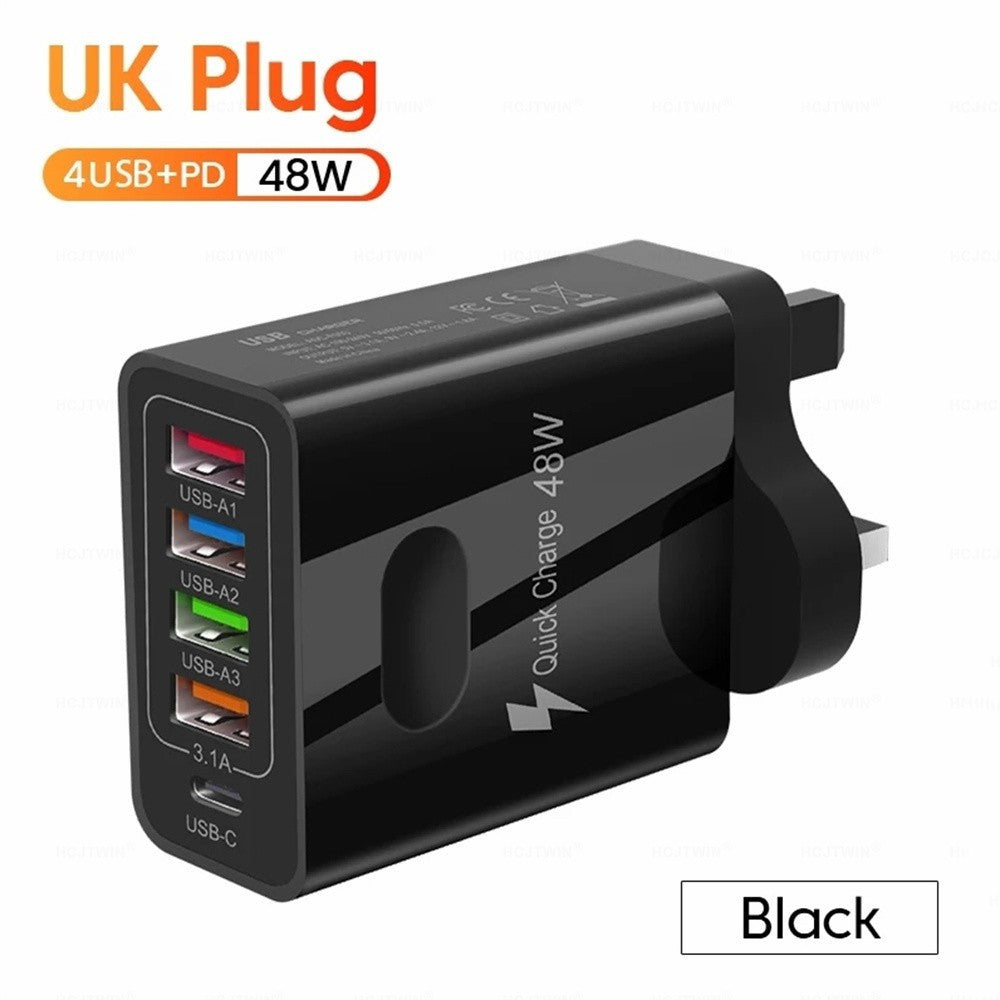 48W 5-in-1 Multi-Port Wall Charger - 4 USB & PD Fast Charging Adapter