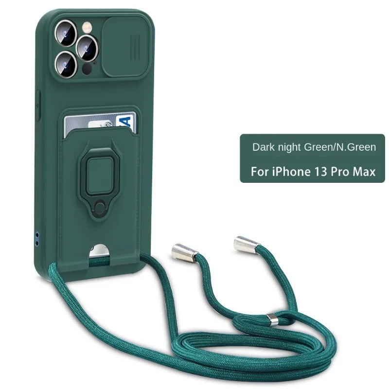 Crossbody Lanyard Phone Case with Card Holder & Ring Holder Kickstand for iPhone 15 14 13 12 11 Pro Max