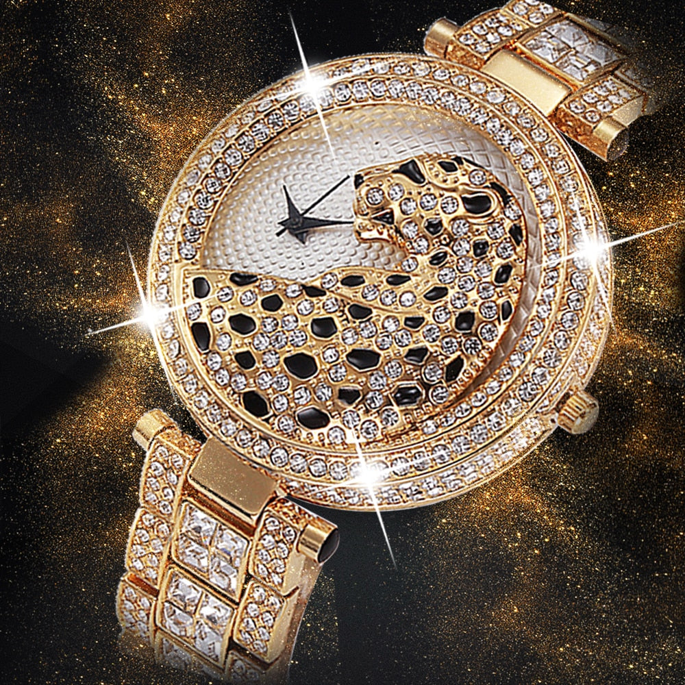 Elegant Bling Quartz Gold Watch - Women's Fashion Leopard Clock