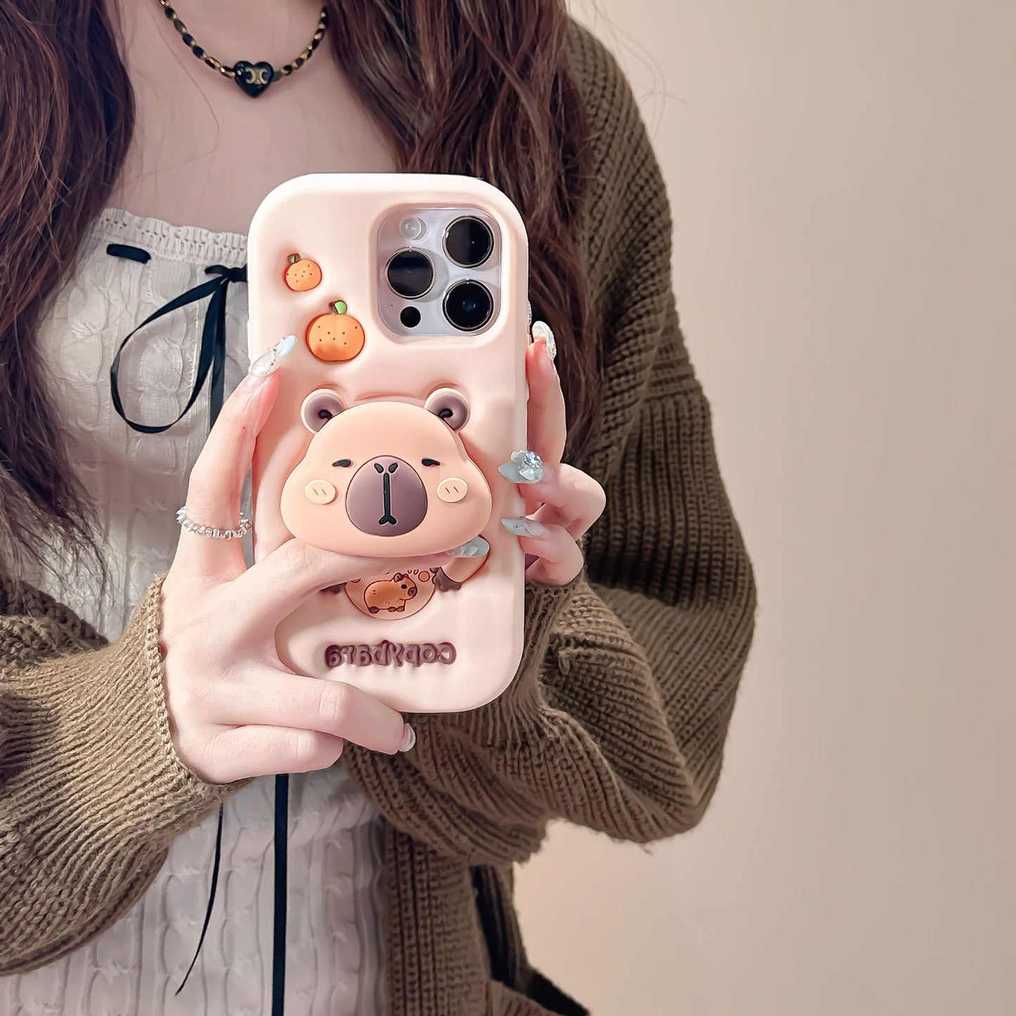 Cute 3D Capybara Stretchable Bracket Phone Case for iPhone 17 16 15 14 Pro Max - Soft Stand Cover