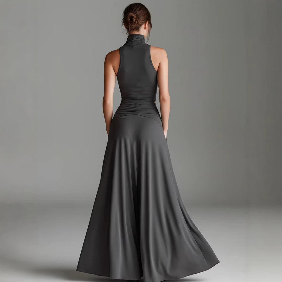 Chic Solid Color Two-Piece Dress Set - High Waist Ruched Long Skirt Outfit
