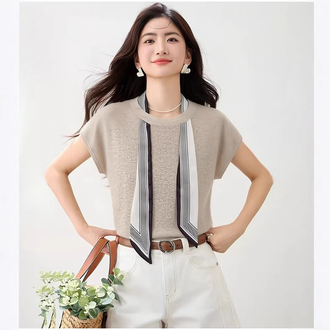 Women's Ice Silk Knit T-Shirt with Scarf Tie - Round Neck Short Sleeve Top