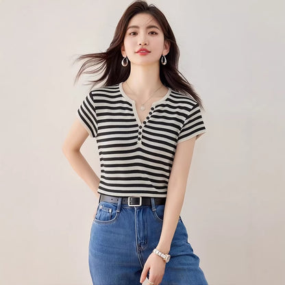 Women's Striped Knitted Short Sleeve Top - Chic Slim Fit V-Neck Shirt