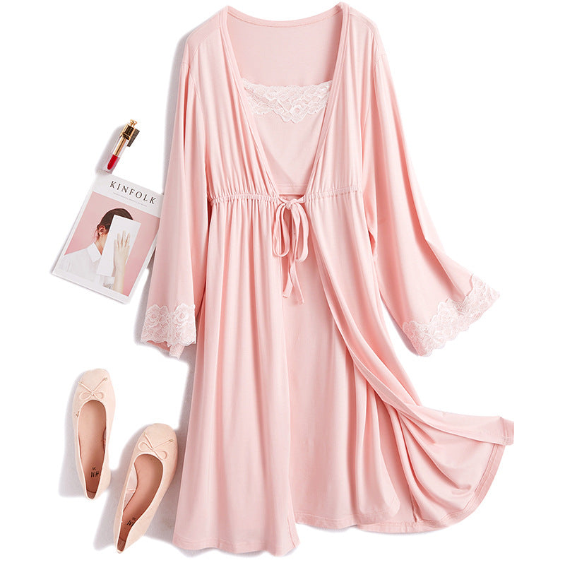 Women's Modest Modal Postpartum Robe and Nightgown Two-Piece Nursing Set