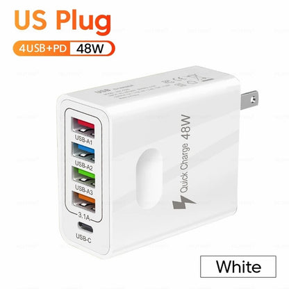 48W 5-in-1 Multi-Port Wall Charger - 4 USB & PD Fast Charging Adapter