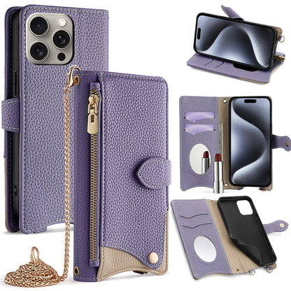 Crossbody Leather Wallet Case with Makeup Mirror & Card Holder for iPhone 17 16 15 14 Pro Max - Zipper Pocket Stand Cover