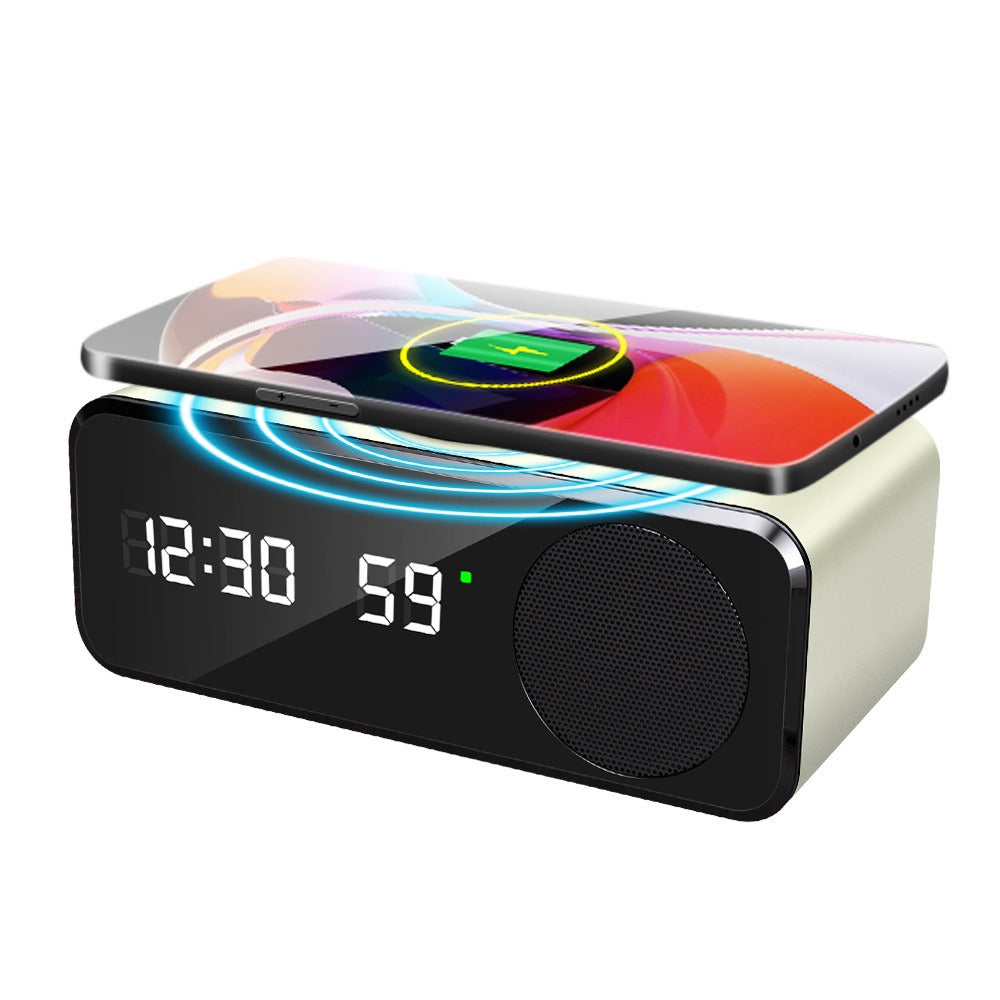 Multifunctional Bluetooth Speaker with Wireless Charger - Digital Alarm Clock & Temperature Display