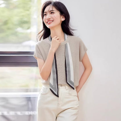 Women's Ice Silk Knit T-Shirt with Scarf Tie - Round Neck Short Sleeve Top