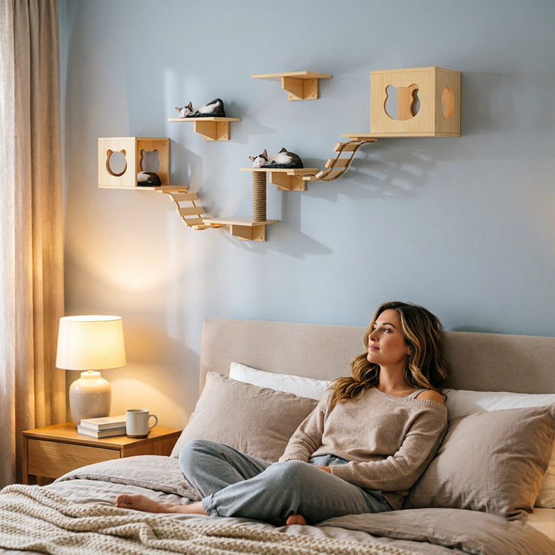 Wall Mounted Cat Climbing Shelf Set - Wooden Cat Condo, Bridges, Platforms & Scratching Post