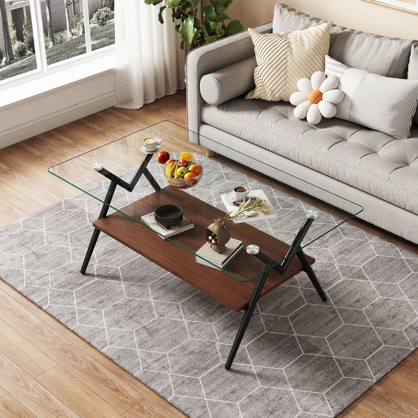 Modern Glass & Wood Accent Coffee Table