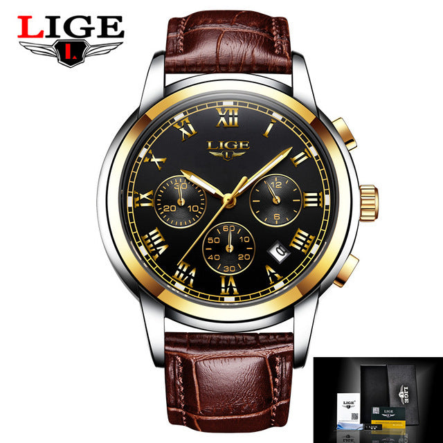 LIGE Casual Fashion Luminous Quartz Watch with Brown Leather Strap