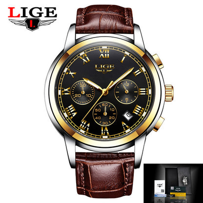 LIGE Casual Fashion Luminous Quartz Watch with Brown Leather Strap