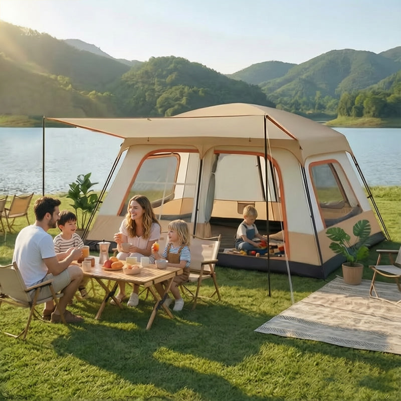 4-6 Person Family Camping Tent with Sunshade Awning - Waterproof Cabin Tent