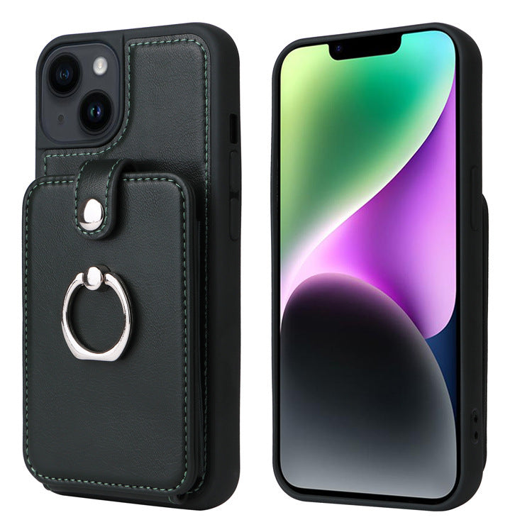 Multi Card Slot Leather Wallet Case with Metal Ring Stand - Shockproof Back Cover for iPhone